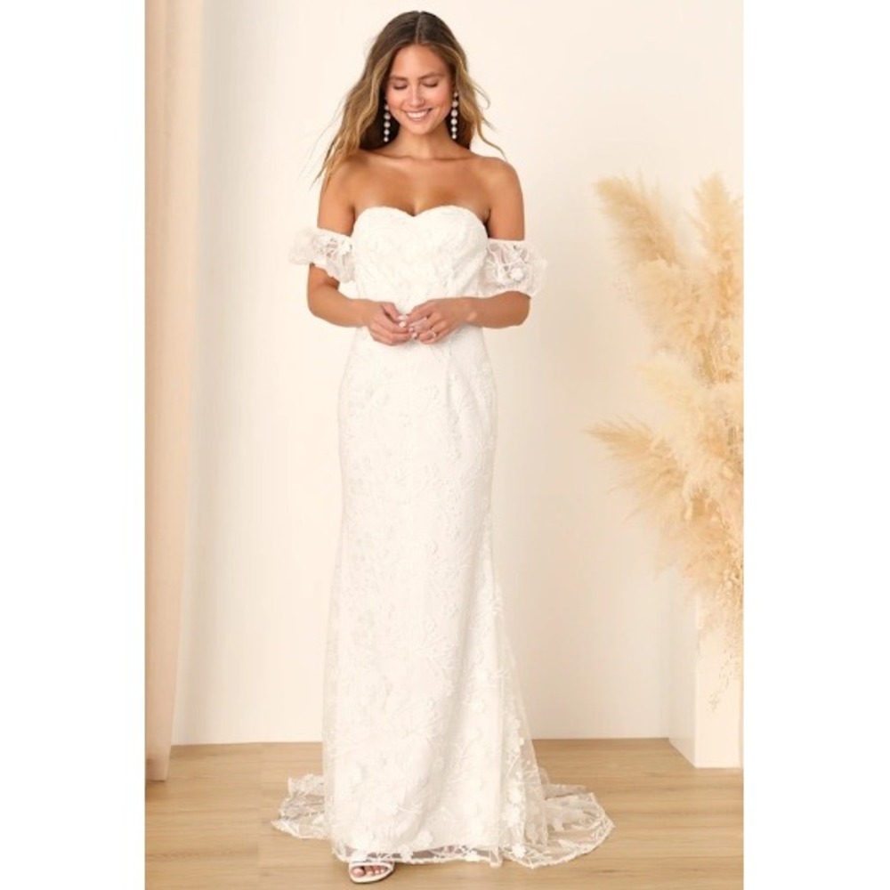 NEW Lulus White Floral Lace Wedding Dress Size XS Embroidered Off shoulder gown